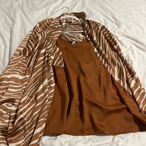 Brown zebra print button down satin shirt: satin brown tank top